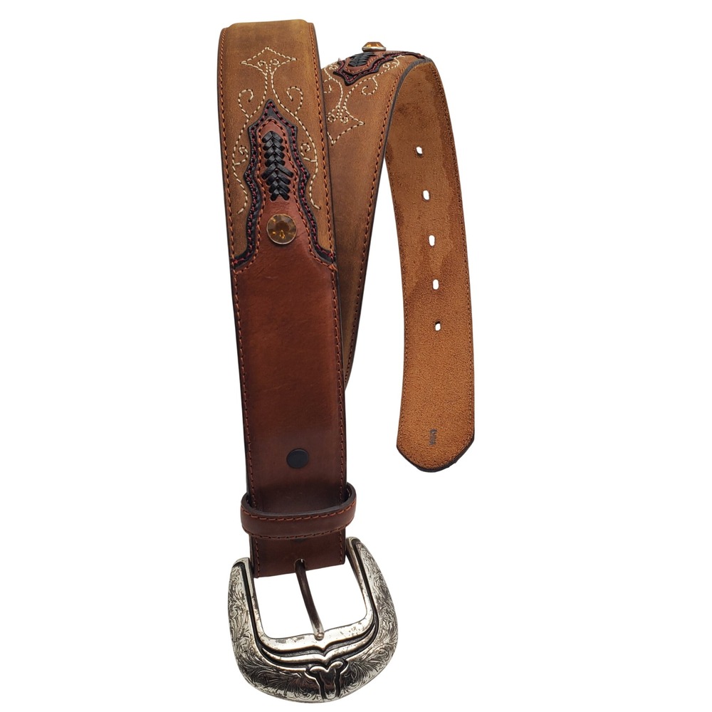 Tony Lama Brown Leather Belt 36 Topaz Crystal Stud Western Overlay Stitched Boho